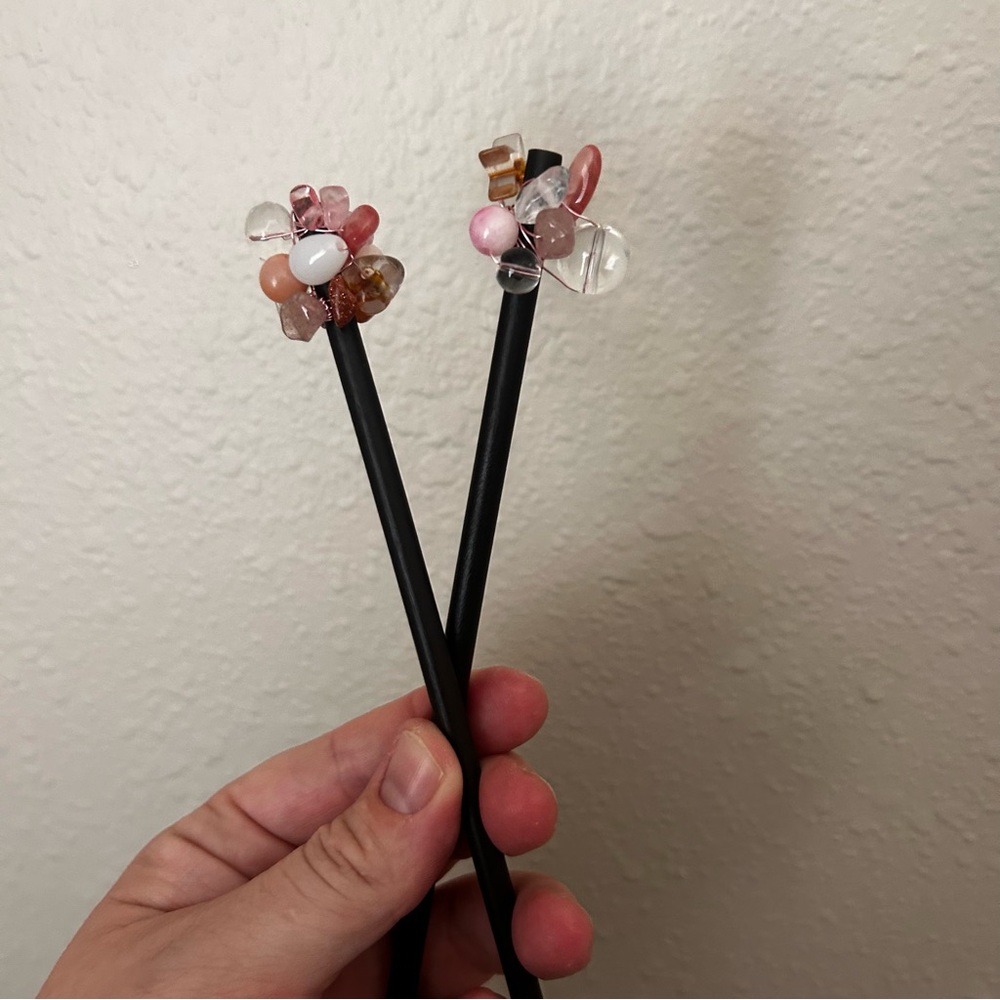 Elegant Black Hair Sticks with Pink and Clear Beads